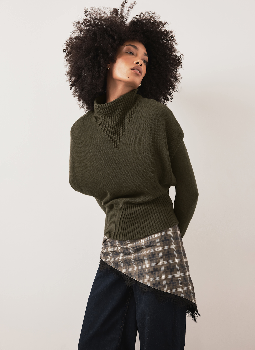 Khaki Checked Print Lace Hem Waist Scarf
