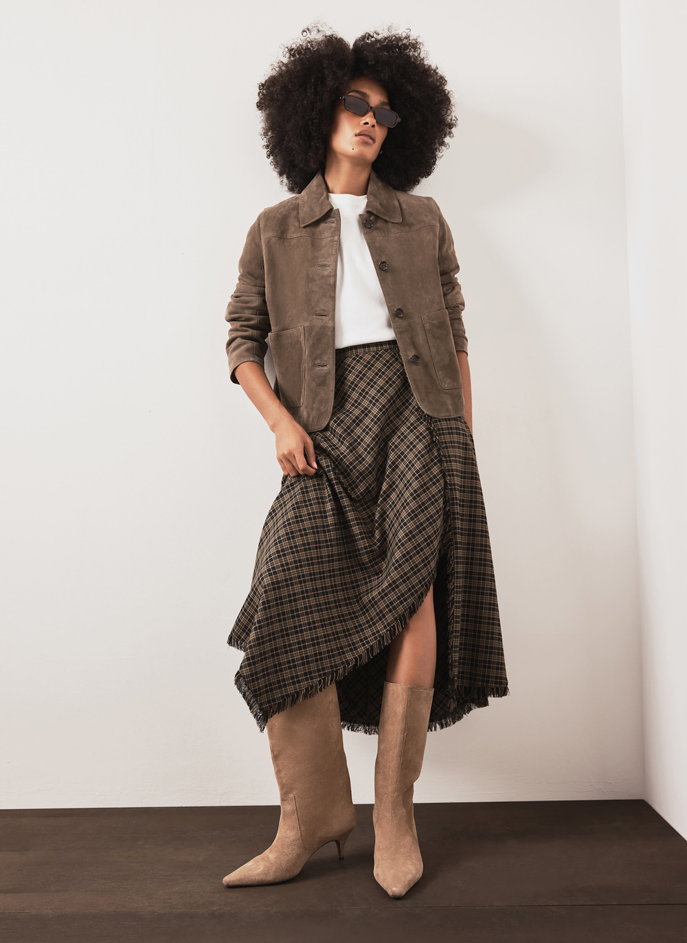 Khaki Check Hanky Hem Midi Skirt