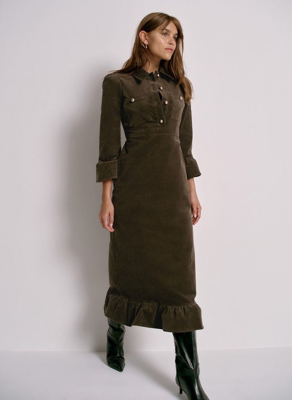 Khaki Corduroy Midi Dress