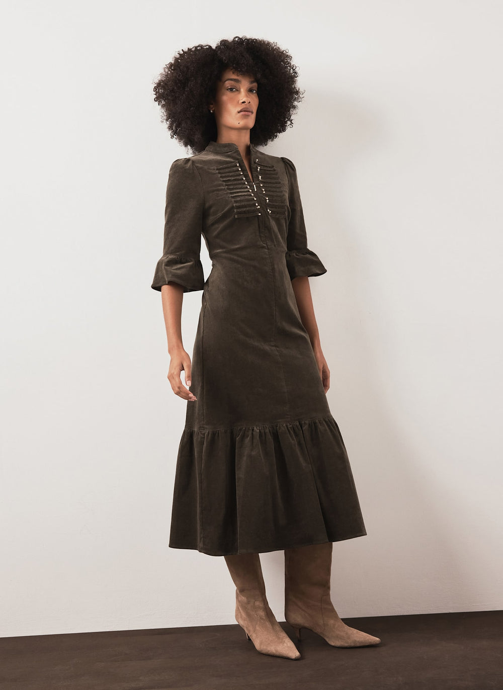 Khaki Corduroy Midi Dress