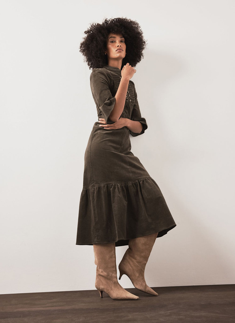 Khaki Corduroy Midi Dress