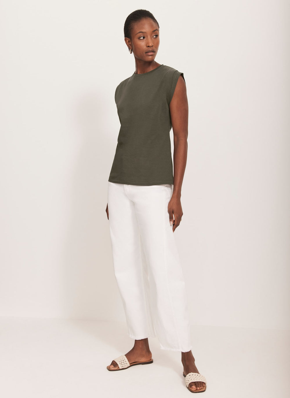 Khaki Cotton Extended Shoulder T-Shirt