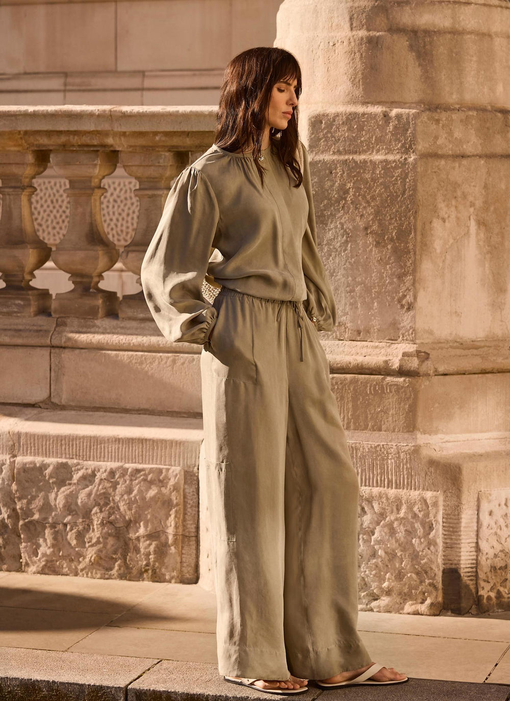 Khaki Utility Wide Leg Trousers