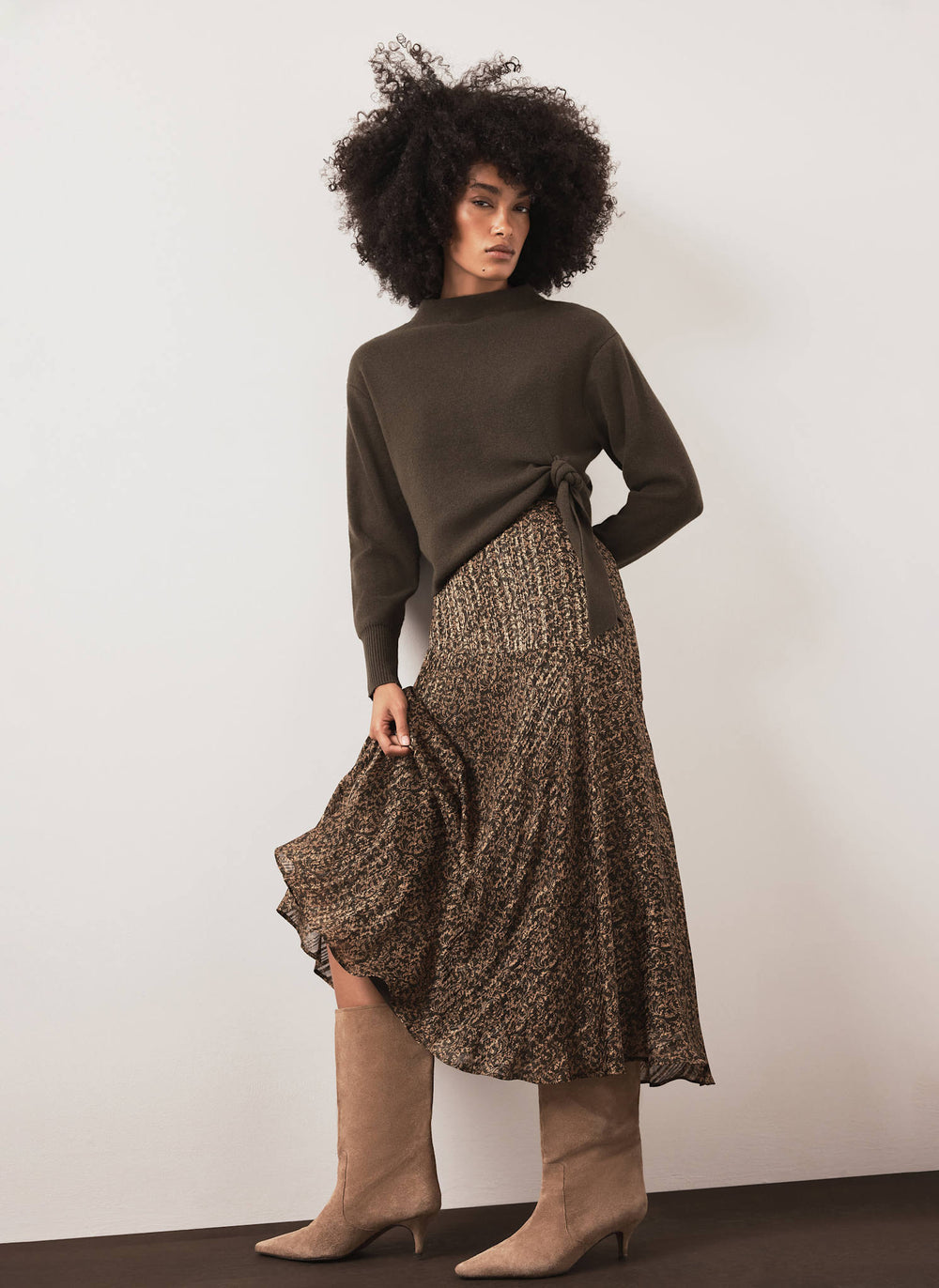 Khaki Floral Print Midi Skirt