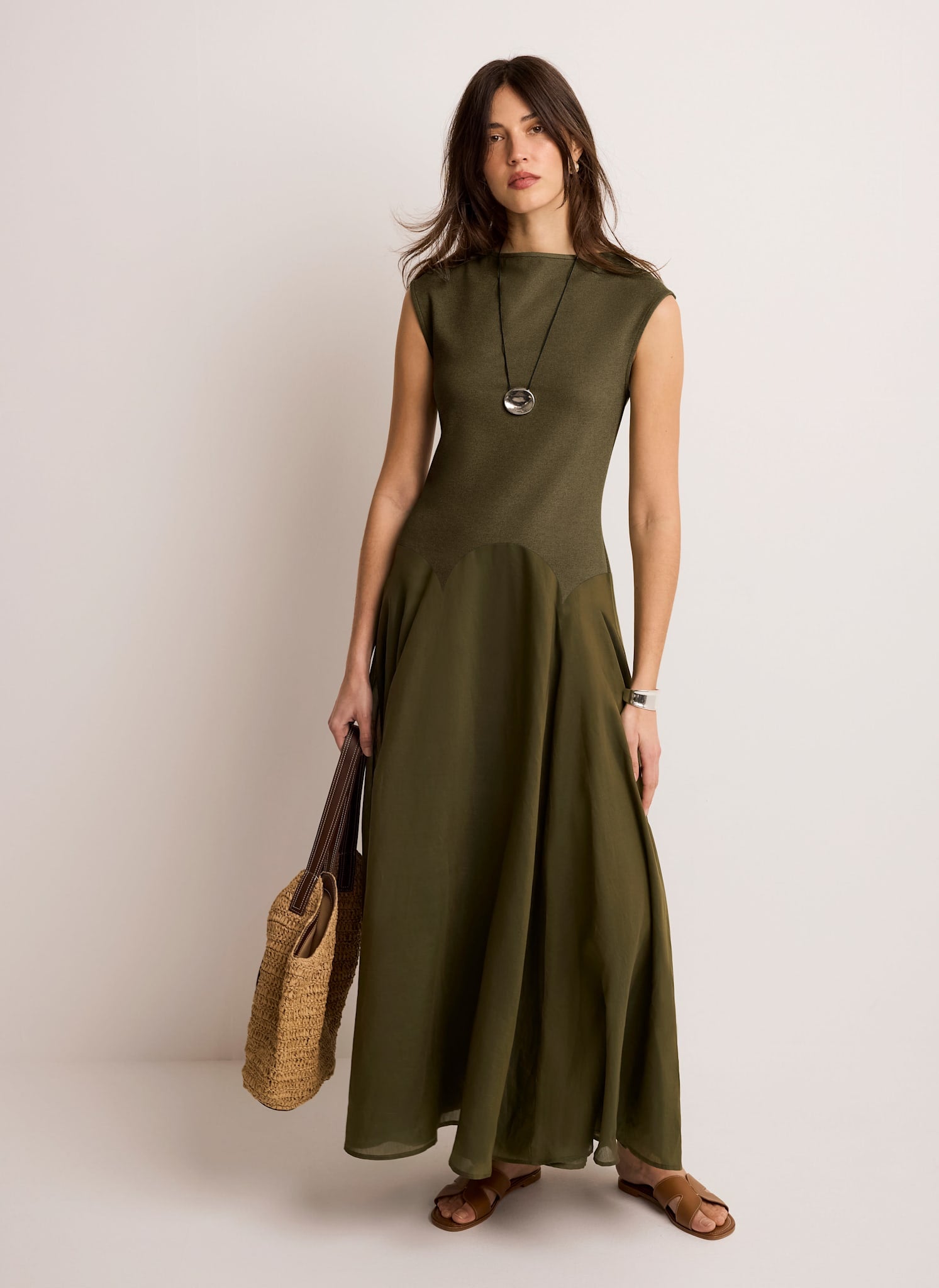 Khaki Sleeveless Drop Waist Midi Dress – Mint Velvet