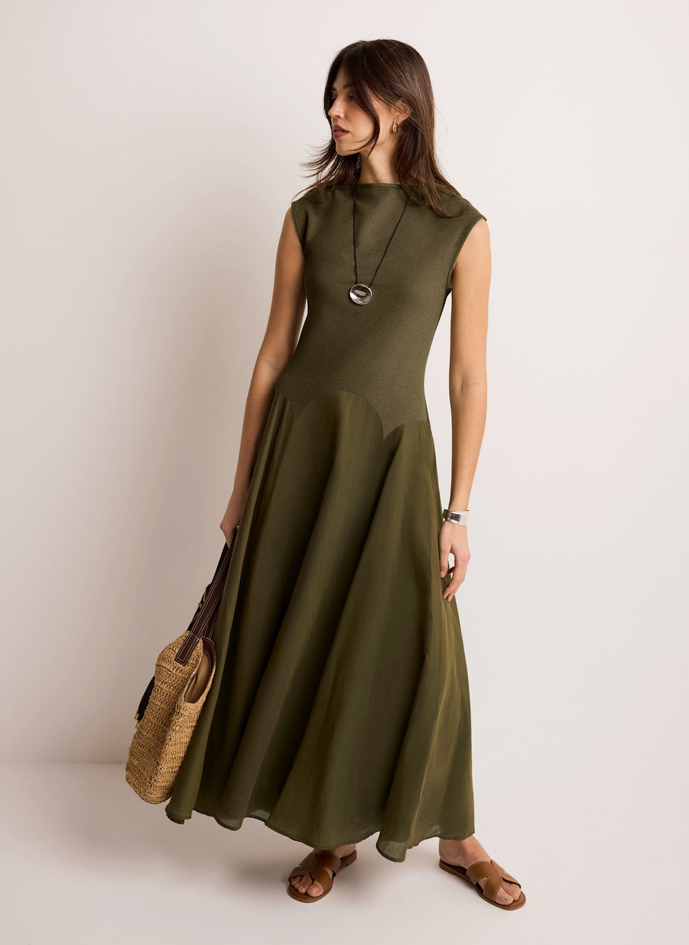 Khaki Jersey Drop Waist Midi Dress
