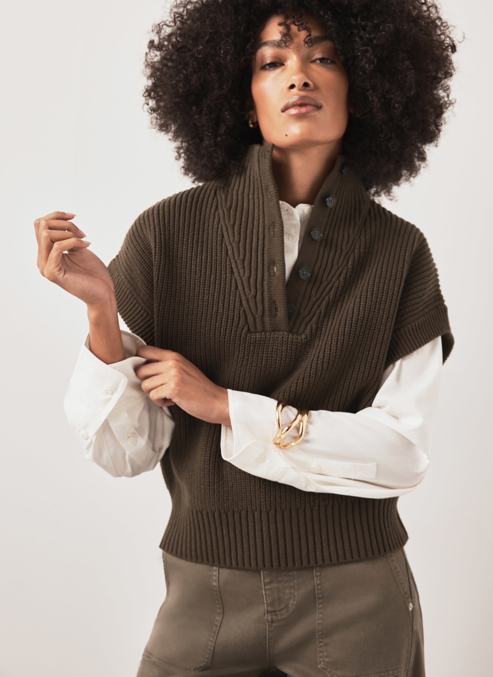 Khaki Funnel Neck Ribbed Knit Top