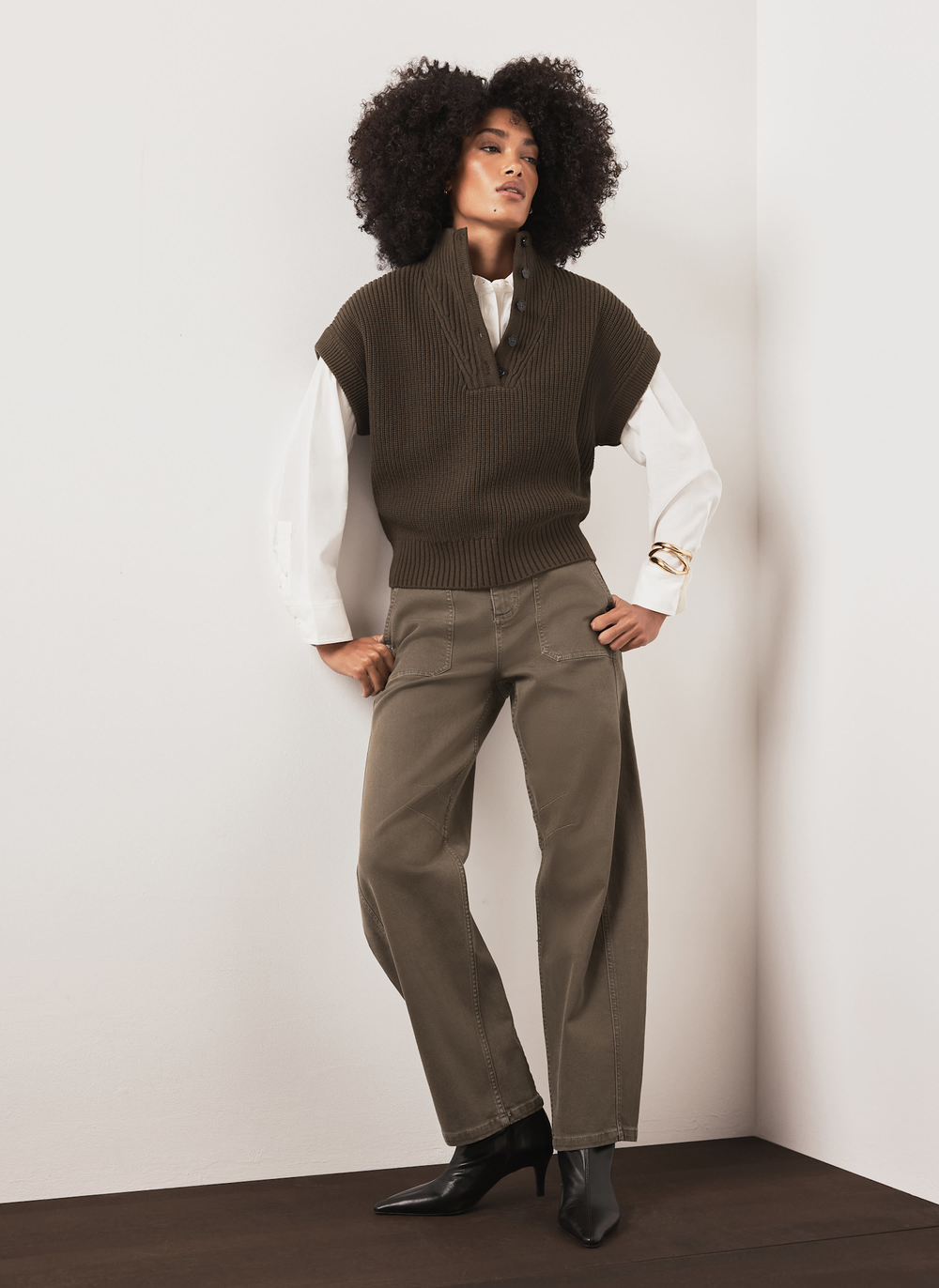 Khaki Funnel Neck Ribbed Knit Top