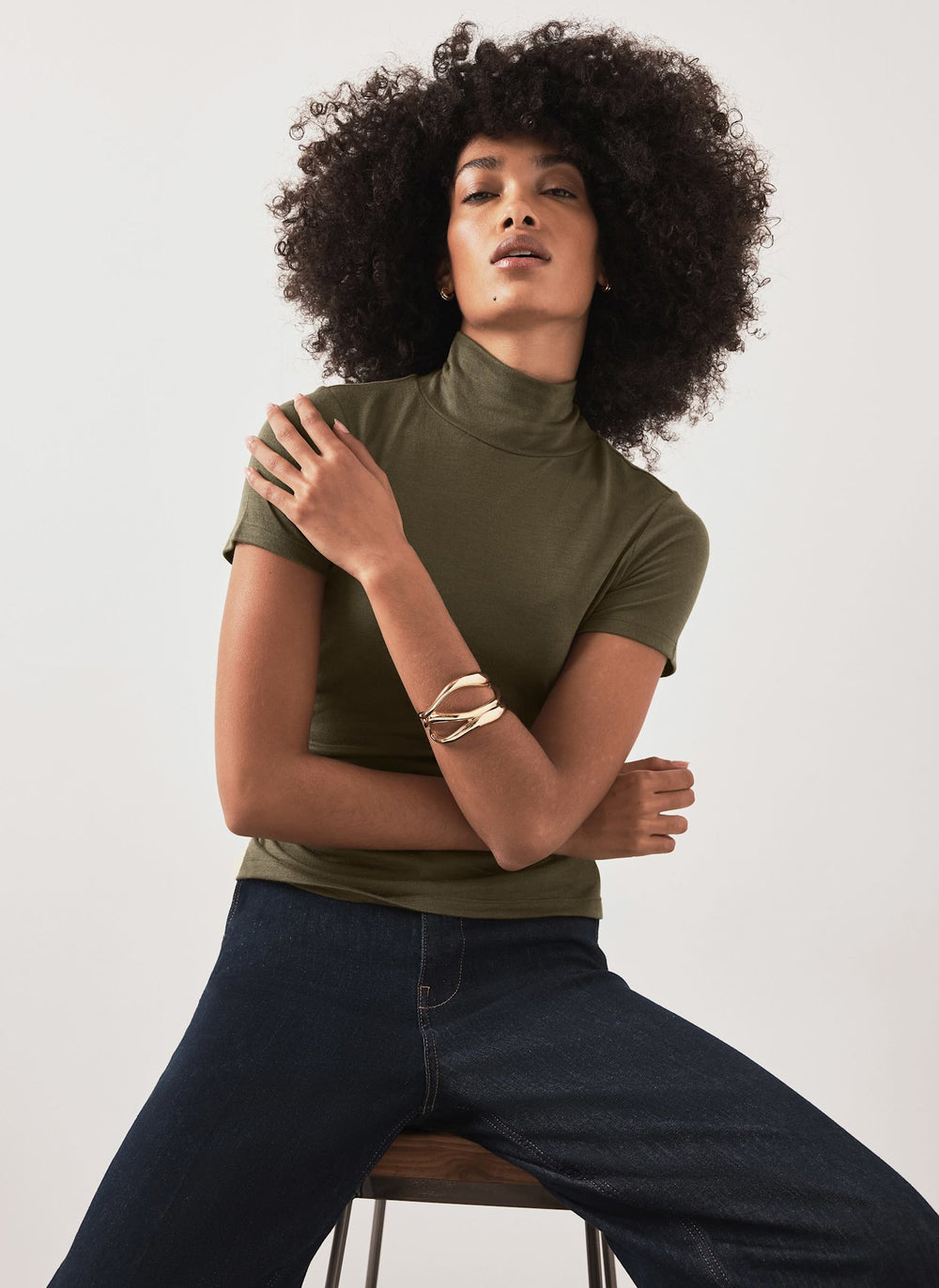 Khaki High Neck Ruched Jersey Top
