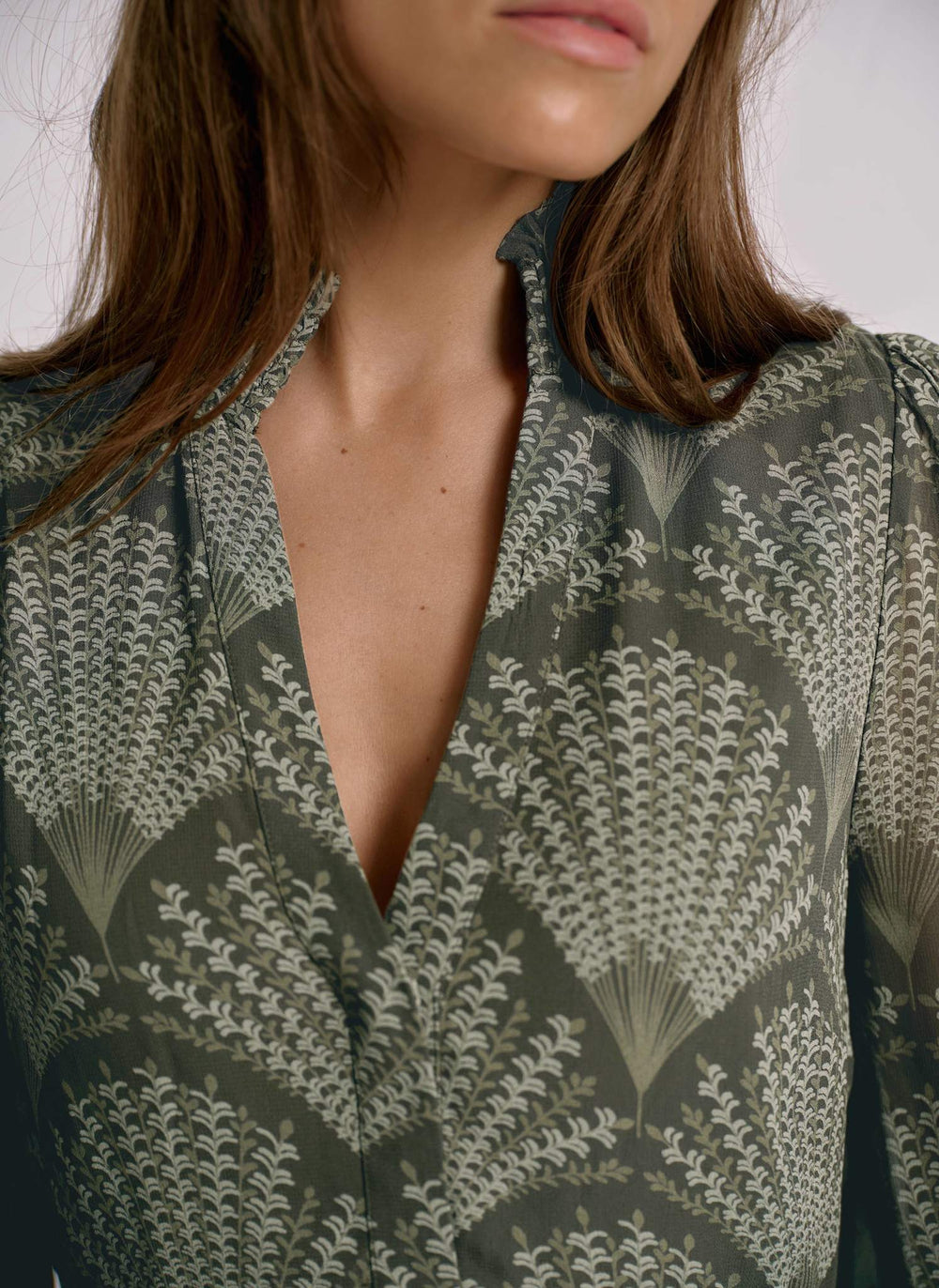 Khaki Printed Long Sleeve Mini Dress