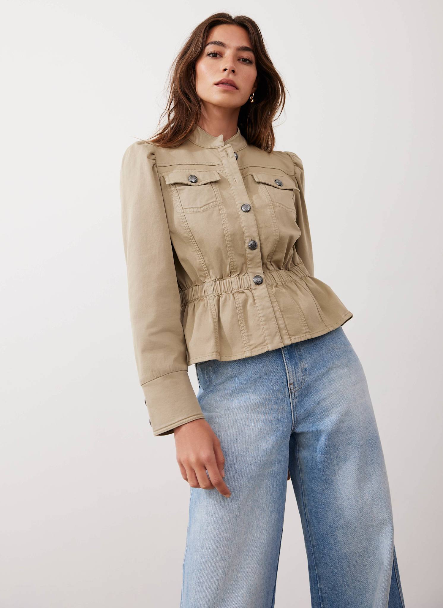 Khaki Puff Sleeve Peplum Jacket – Mint Velvet
