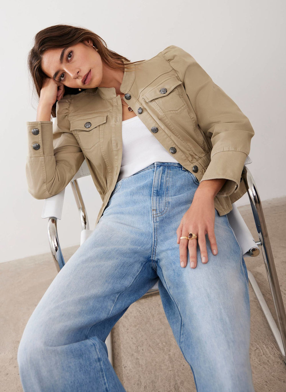 Khaki Puff Sleeve Peplum Jacket