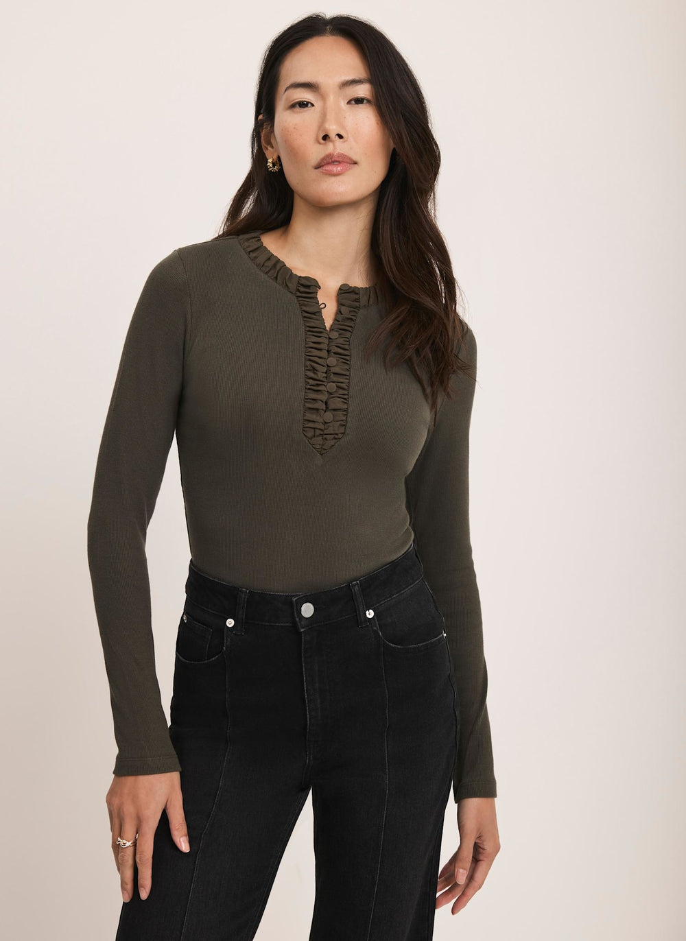 Khaki Cotton Blend Ruched Henley Top