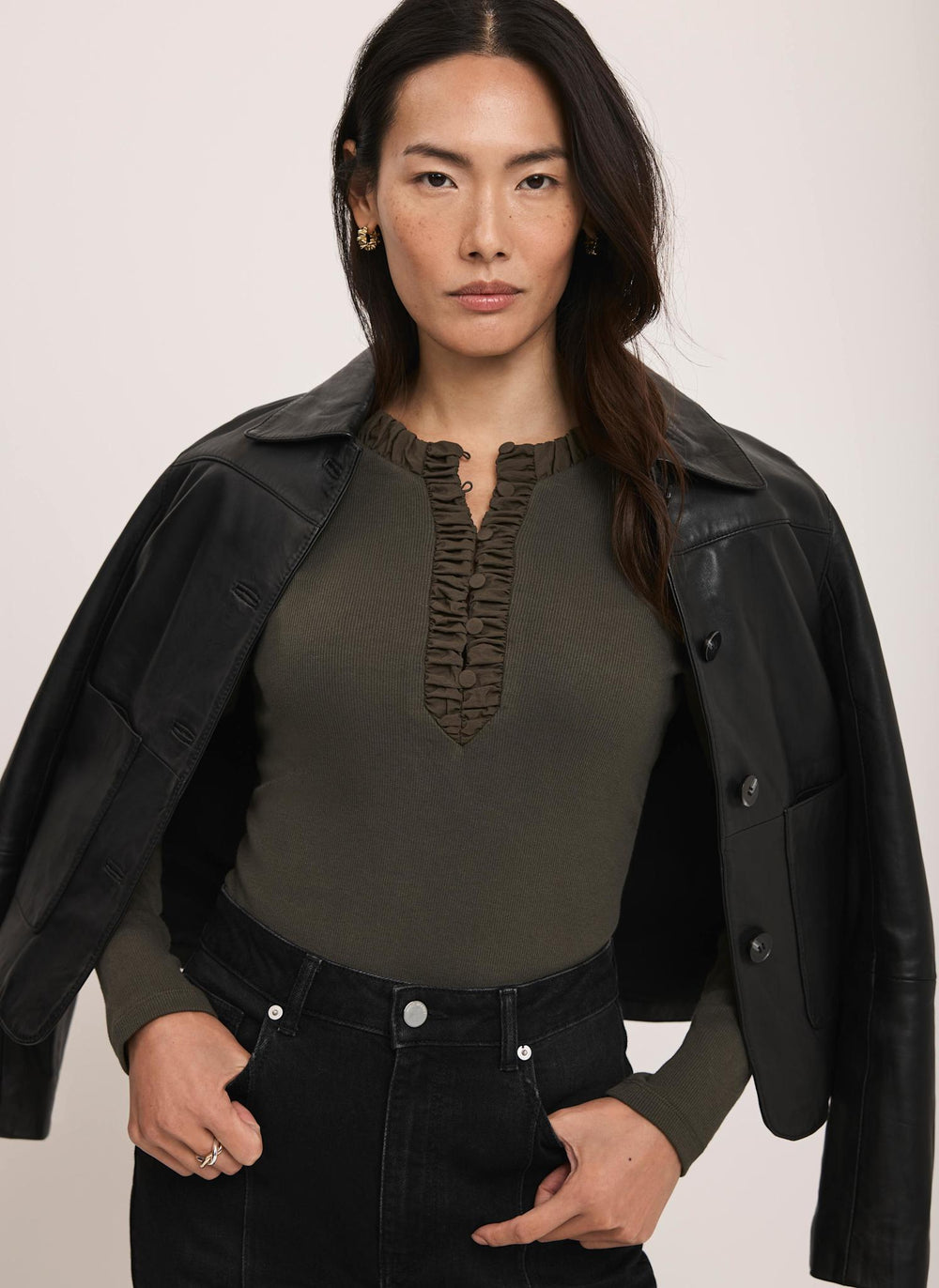 Khaki Cotton Blend Ruched Henley Top