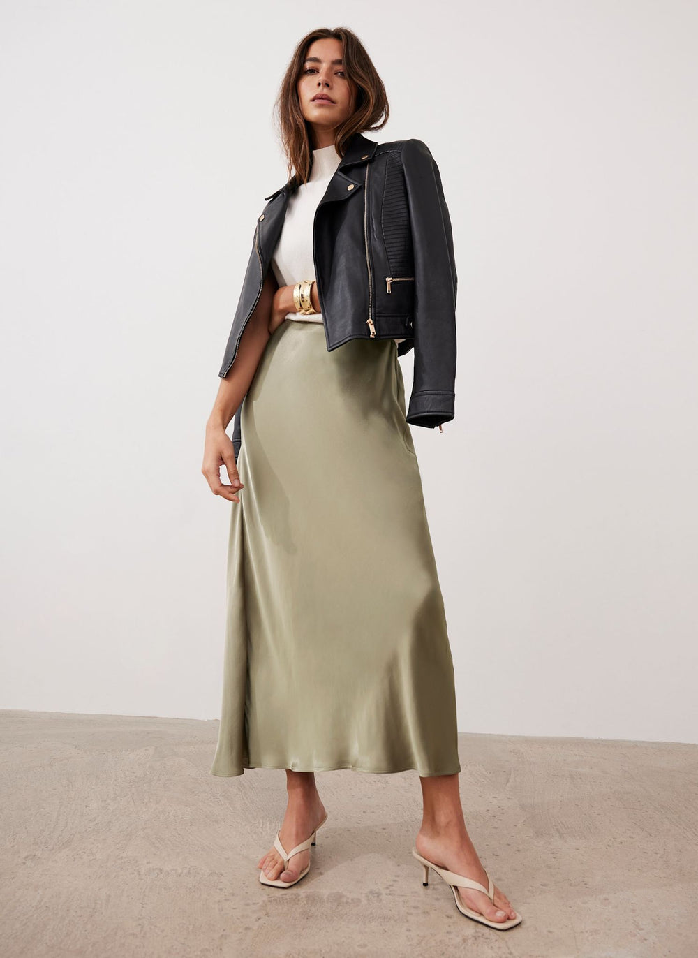 Khaki Satin Slip Midi Skirt