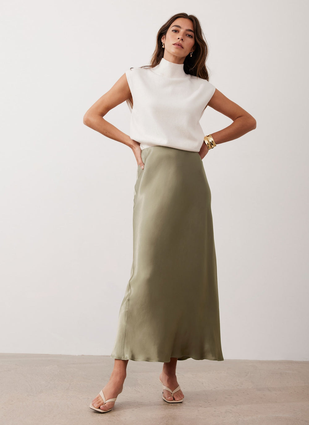 Khaki Satin Slip Midi Skirt
