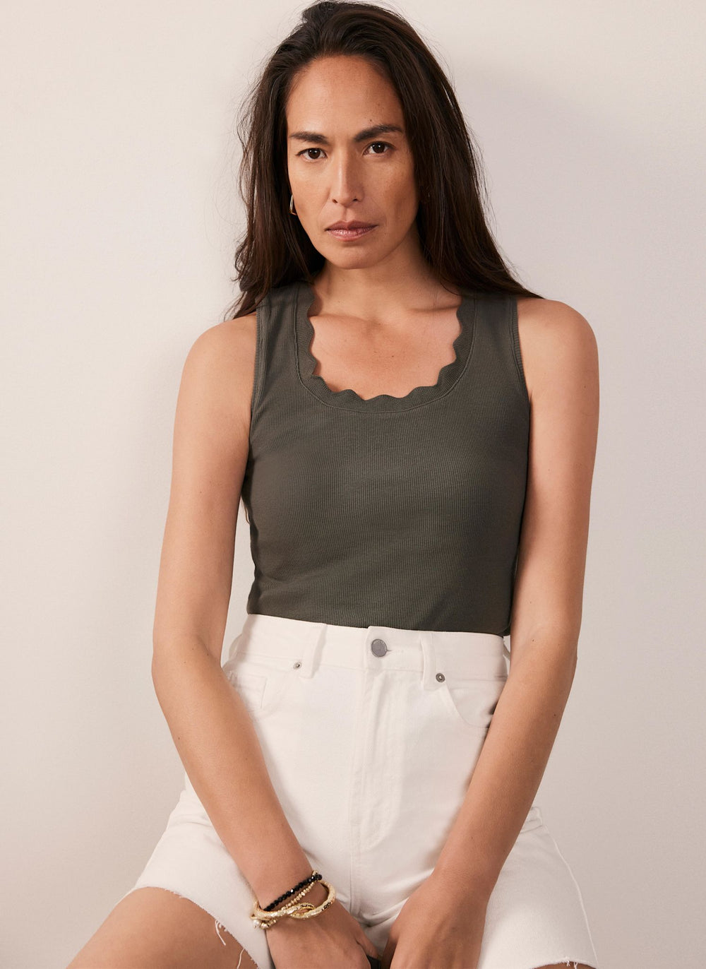 Khaki Scallop Trim Vest Top