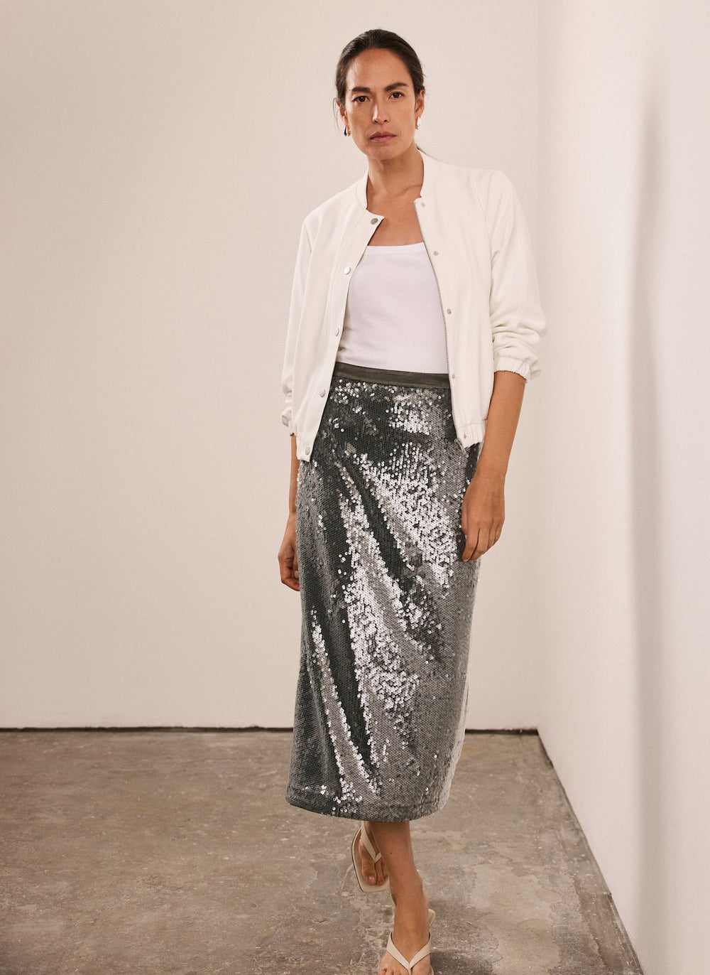 Khaki Sequin Midi Skirt