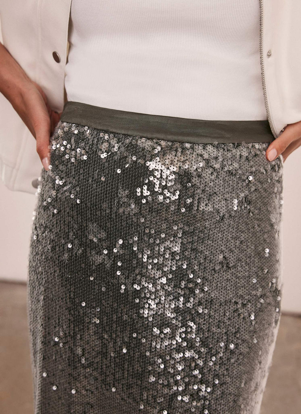 Khaki Sequin Midi Skirt