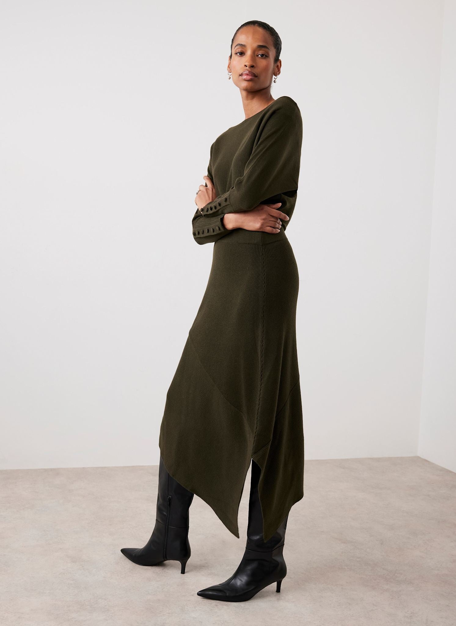 Khaki Batwing Asymmetric Knit Maxi Dress – Mint Velvet