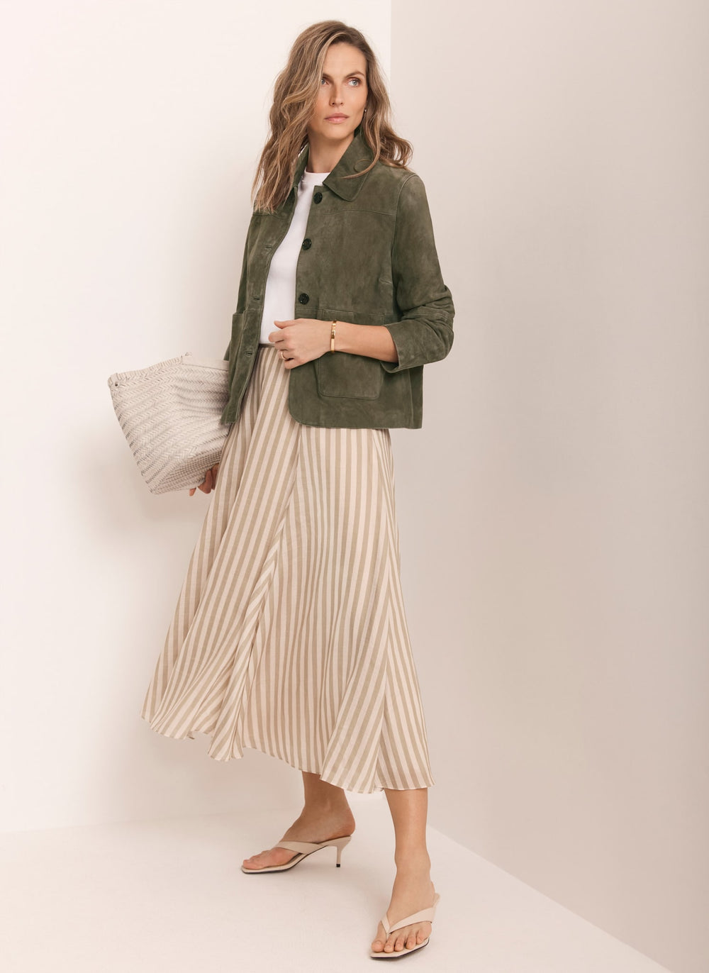 Green Striped A Line Midi Skirt