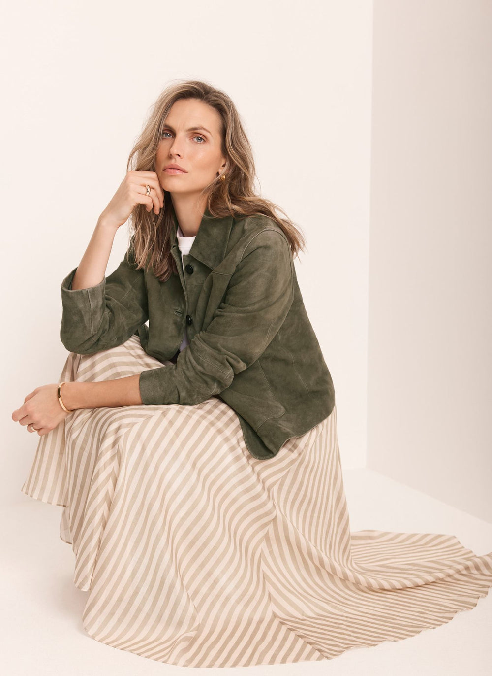 Green Striped A Line Midi Skirt