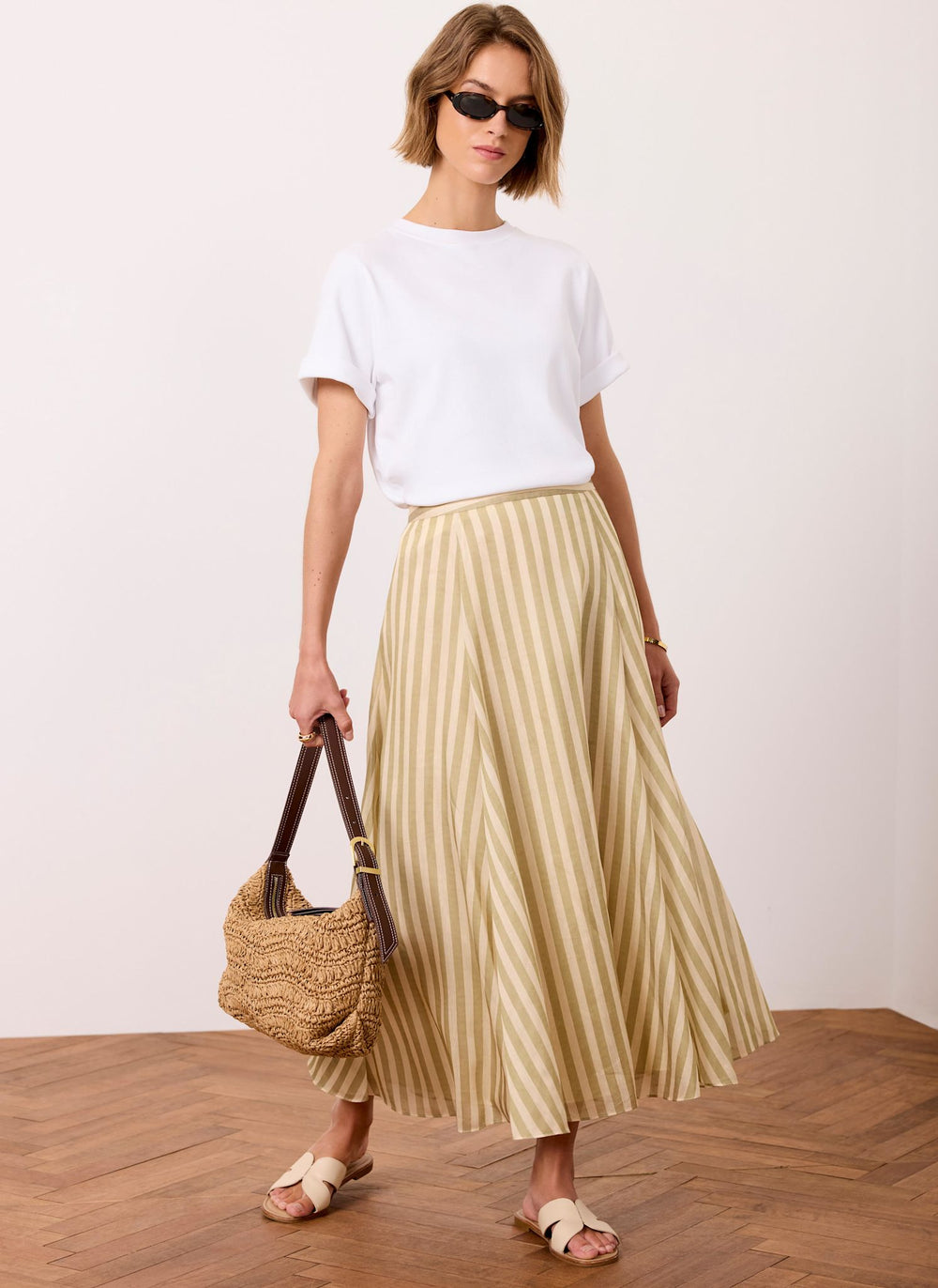 Green Striped A Line Midi Skirt