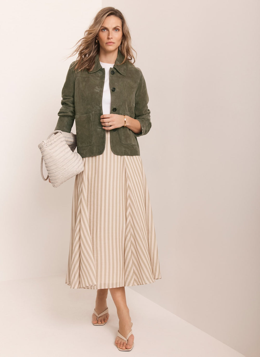 Green Striped A Line Midi Skirt