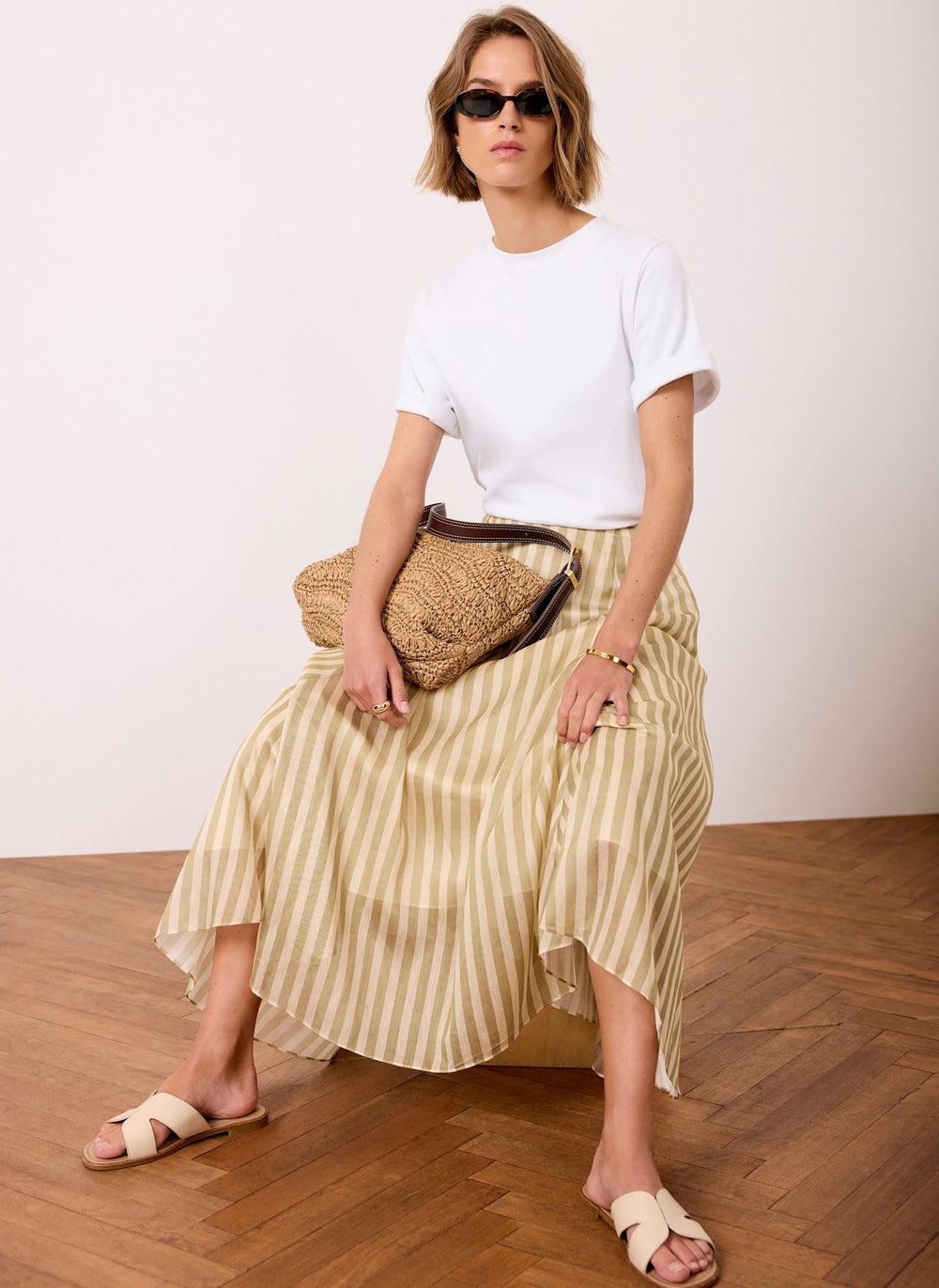 Green Striped A Line Midi Skirt