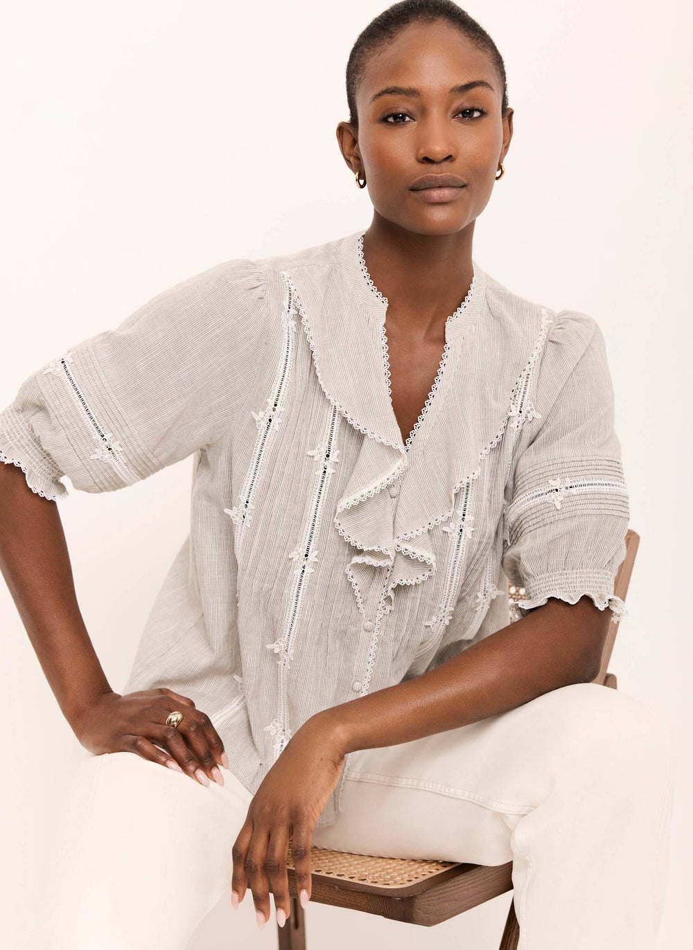 Cotton Stripe Ruffle Blouse