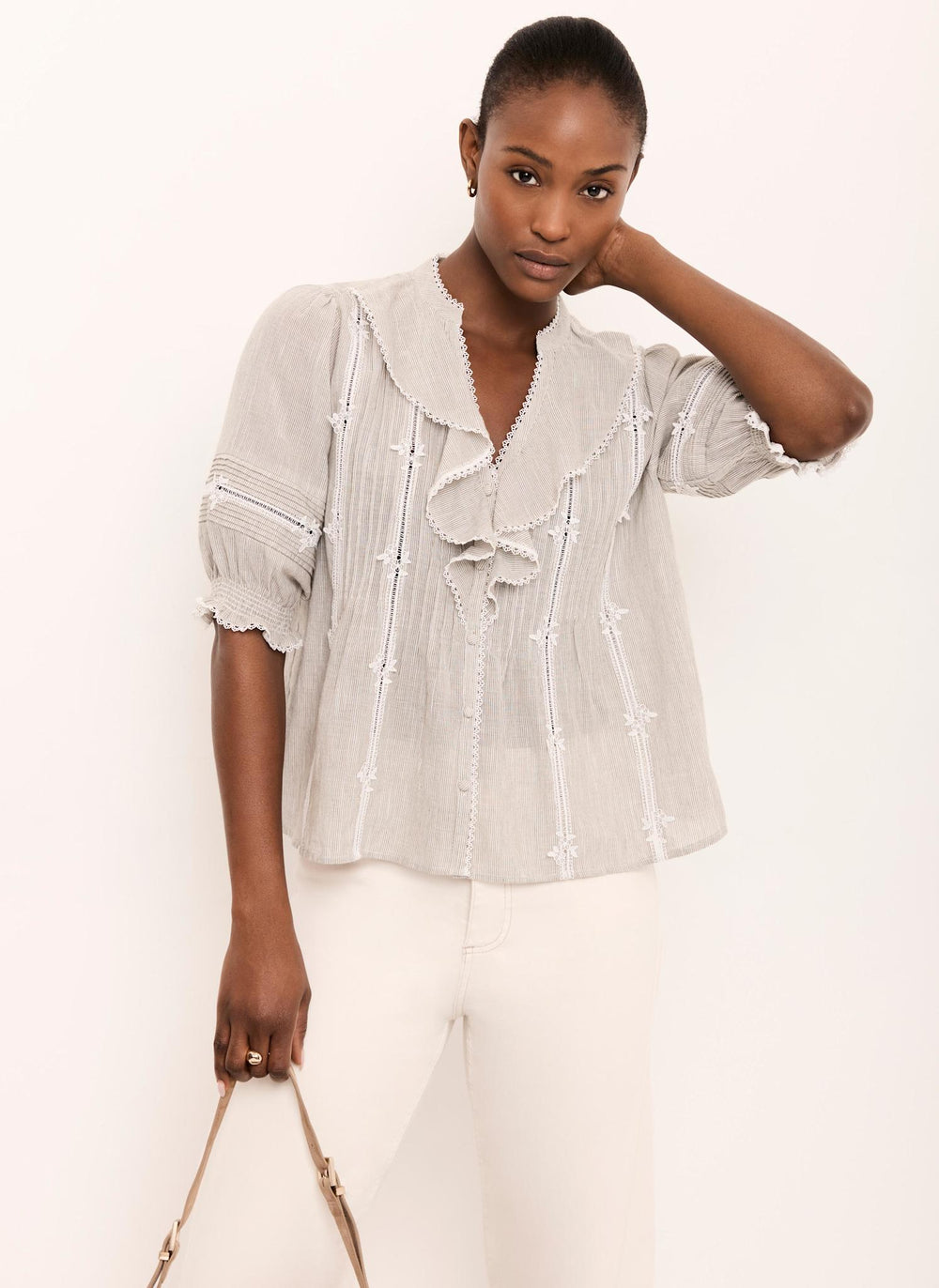 Cotton Stripe Ruffle Blouse