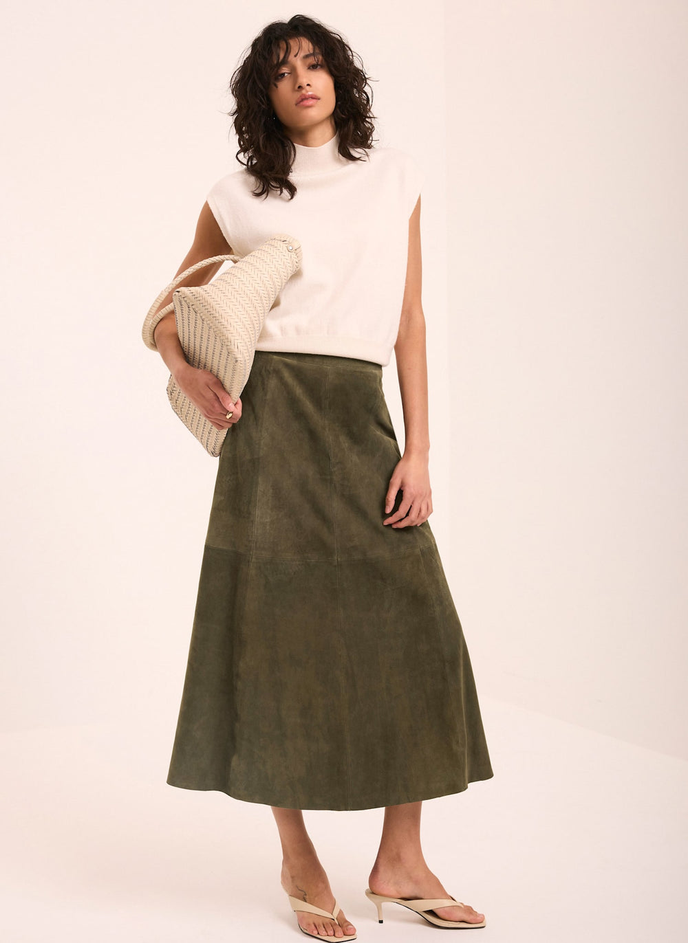 Khaki Suede Midi Skirt