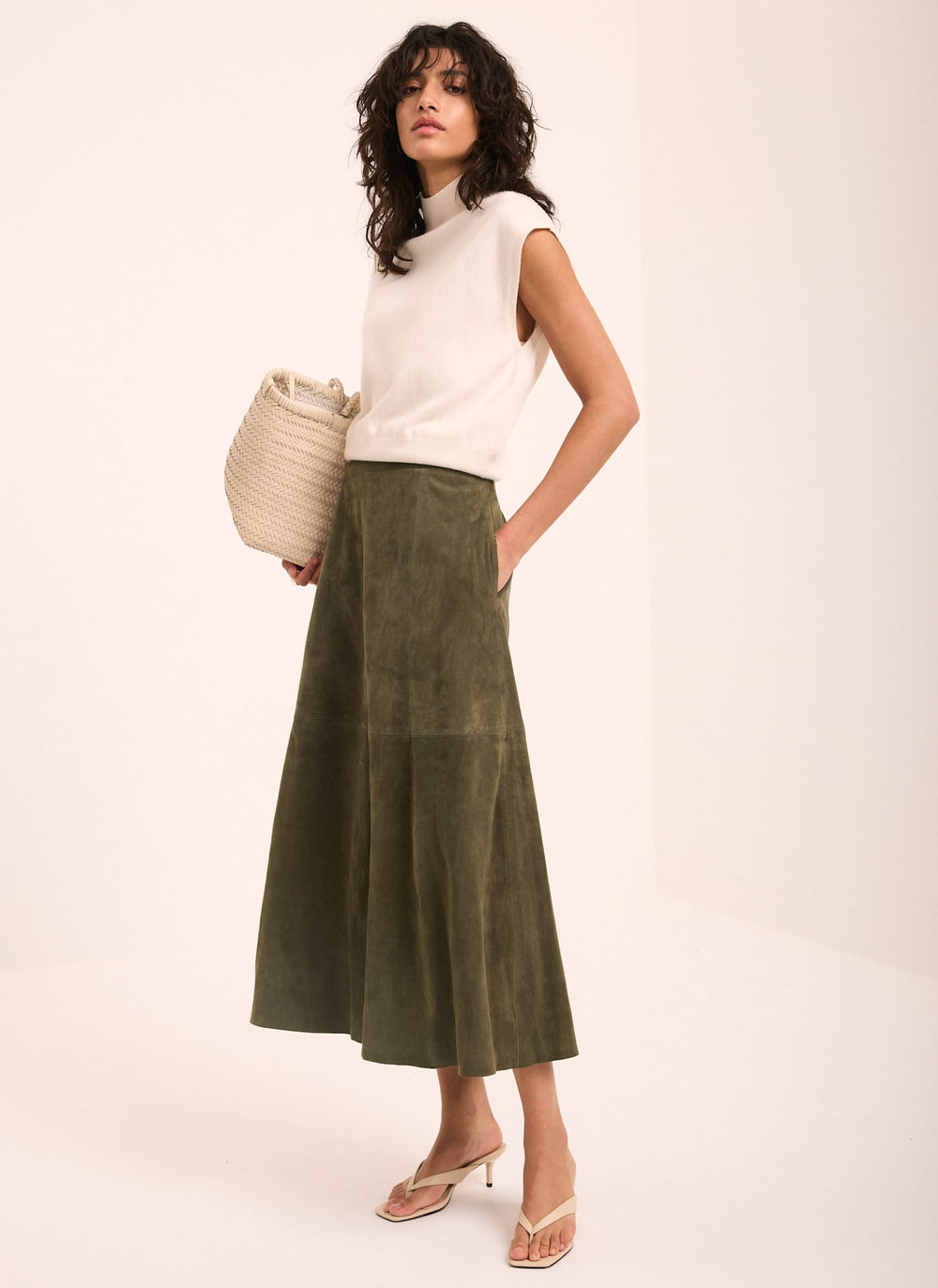 Khaki Suede Midi Skirt