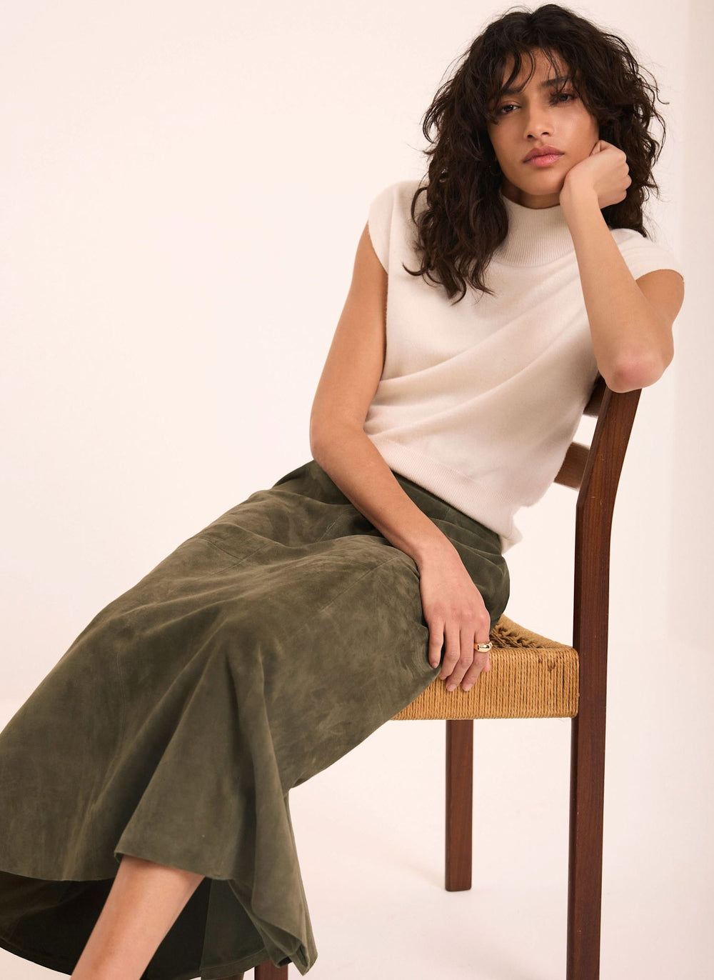 Khaki Suede Midi Skirt