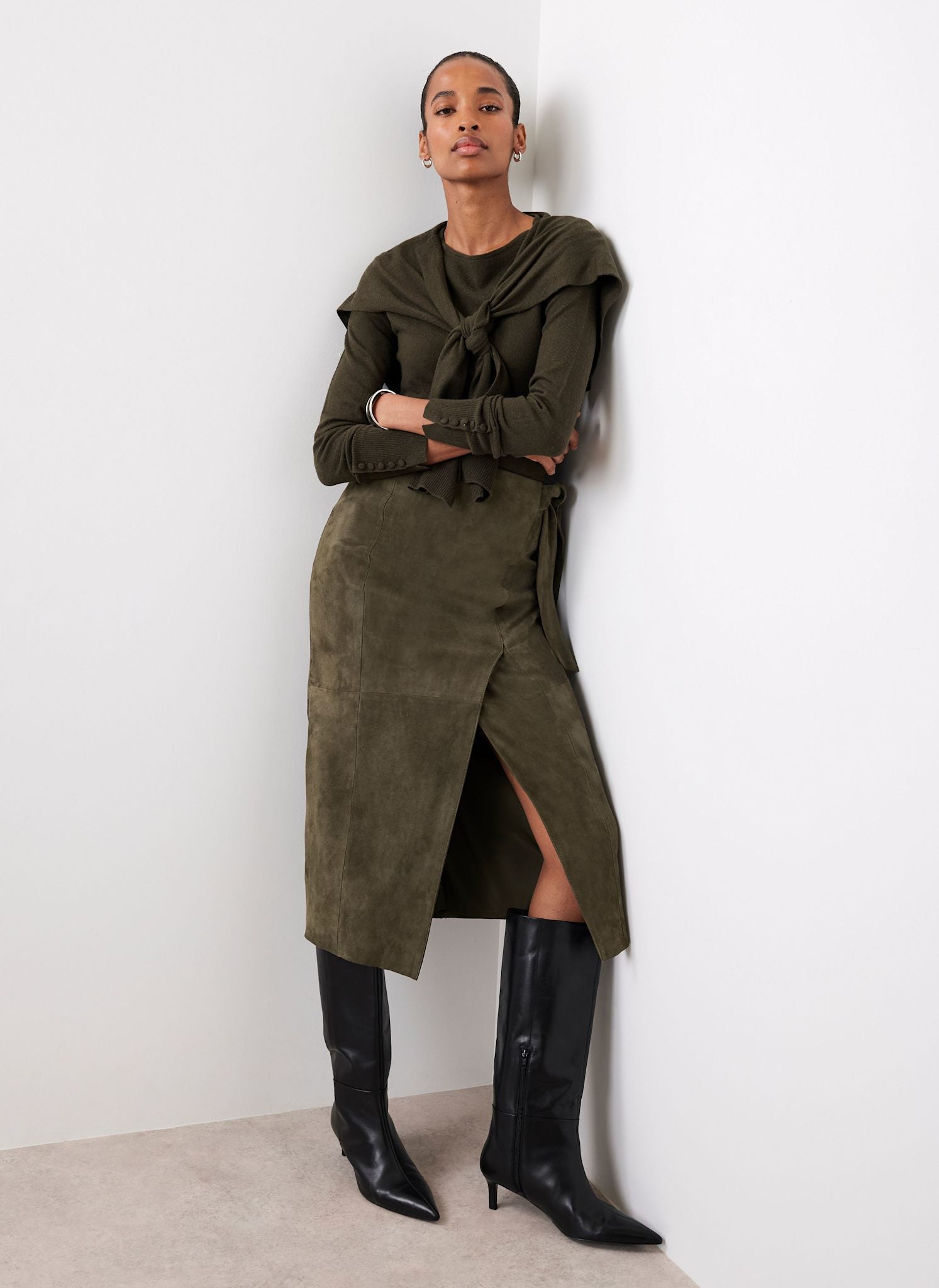 Khaki Suede Midi Skirt – Mint Velvet