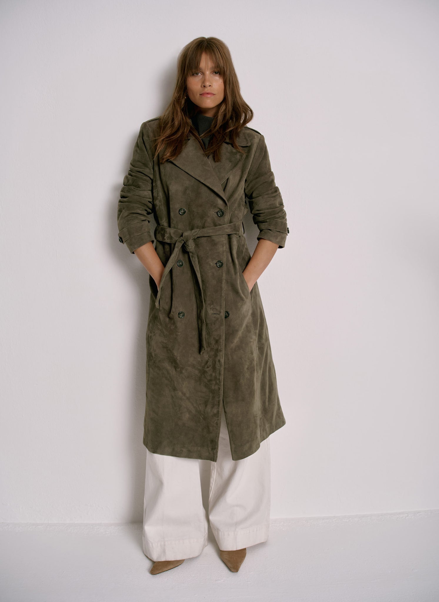 Image showcasing Khaki Suede Trench Coat – Mint Velvet