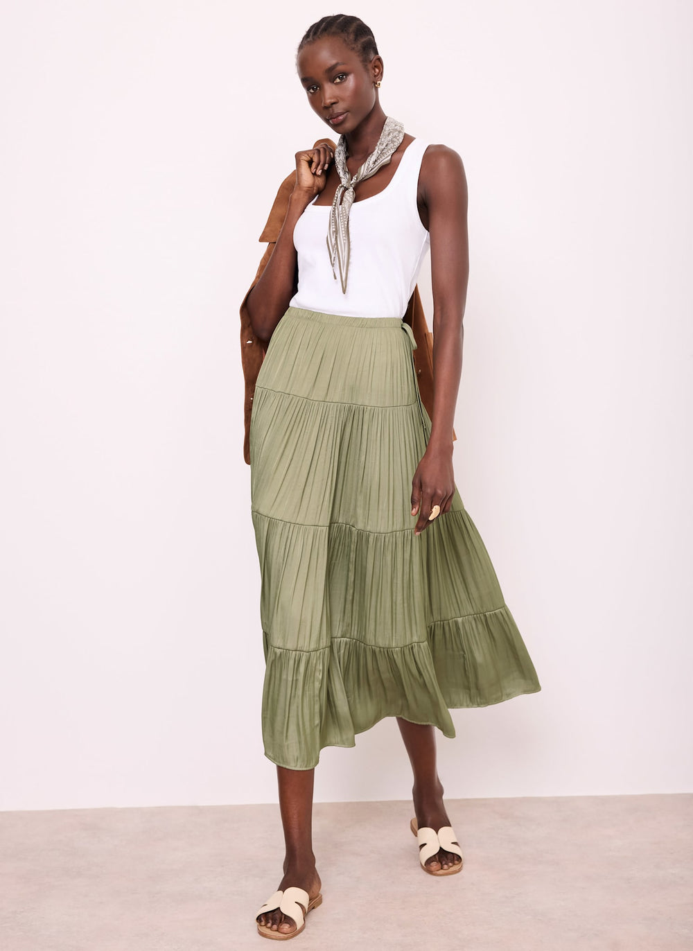 Khaki Satin Tiered Maxi Skirt