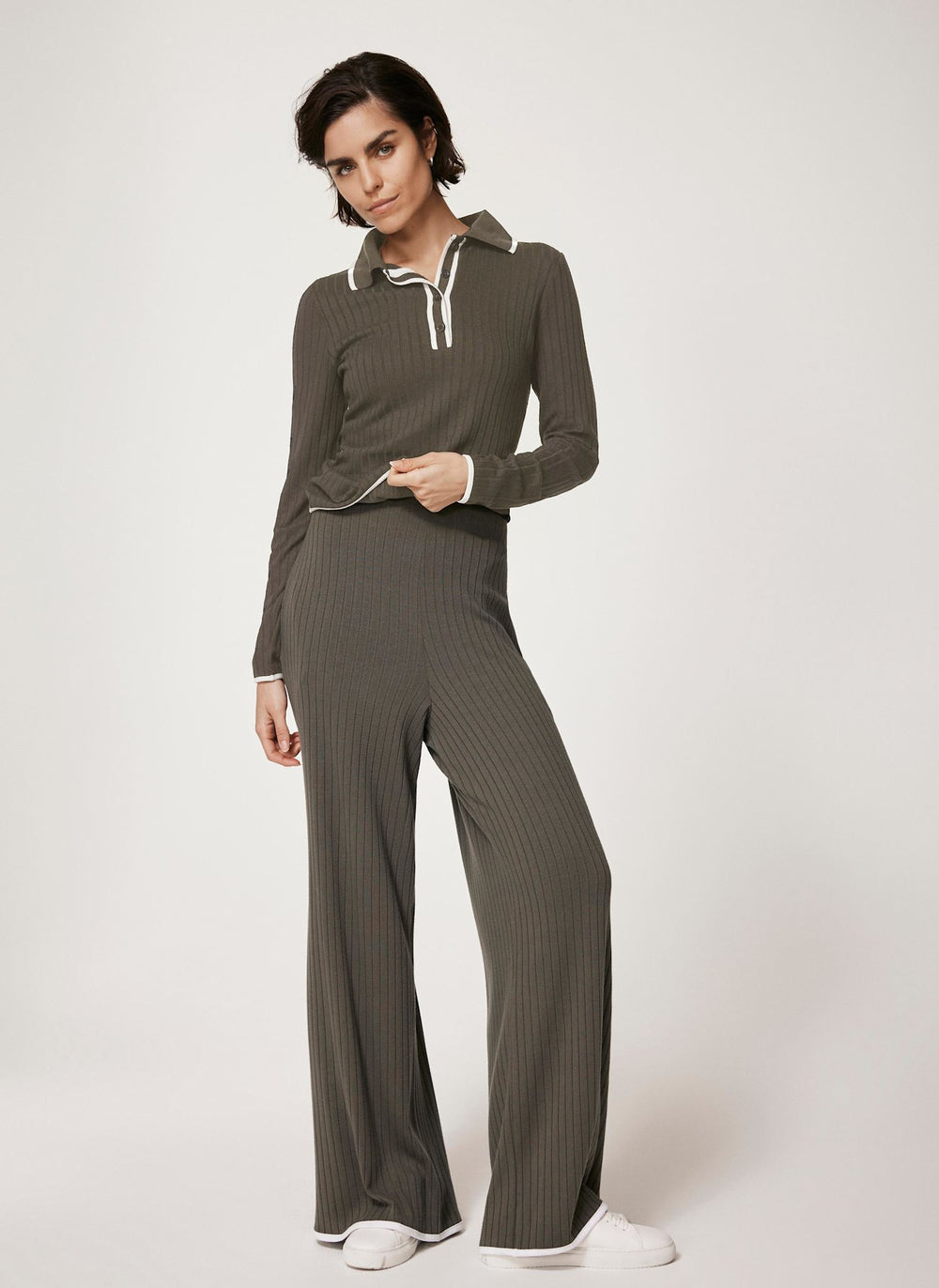 Khaki Ribbed Contrast Trim Wide Trousers