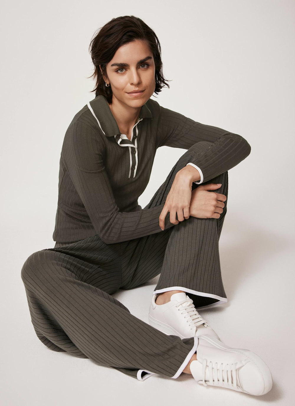 Khaki Ribbed Contrast Trim Wide Trousers