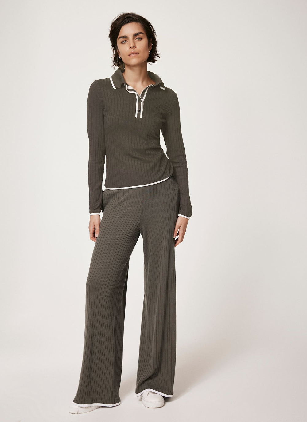 Khaki Ribbed Contrast Trim Wide Trousers