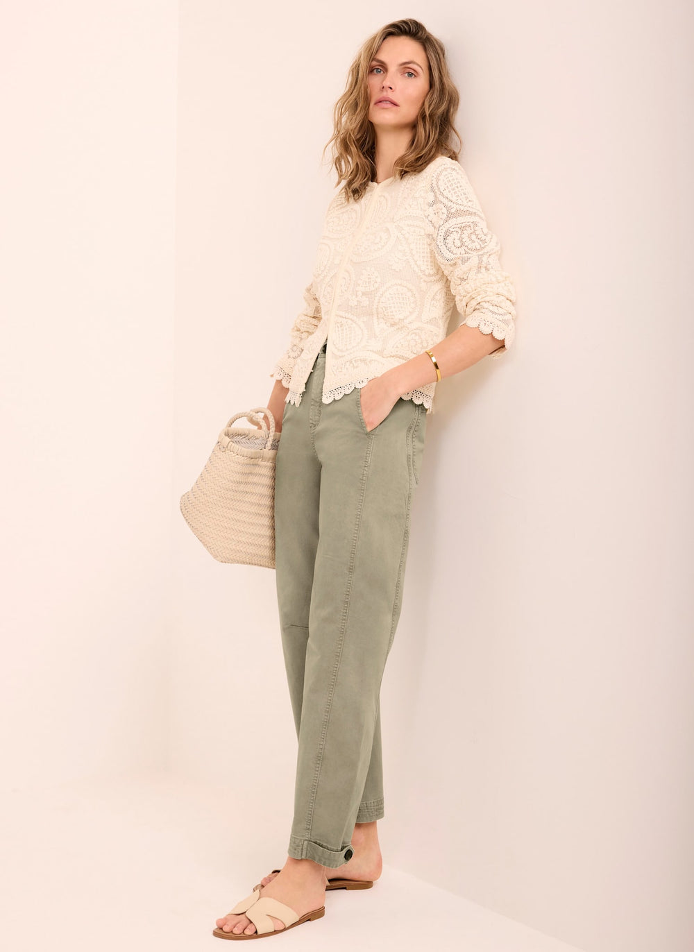Khaki Washed Barrel Leg Chino Trousers