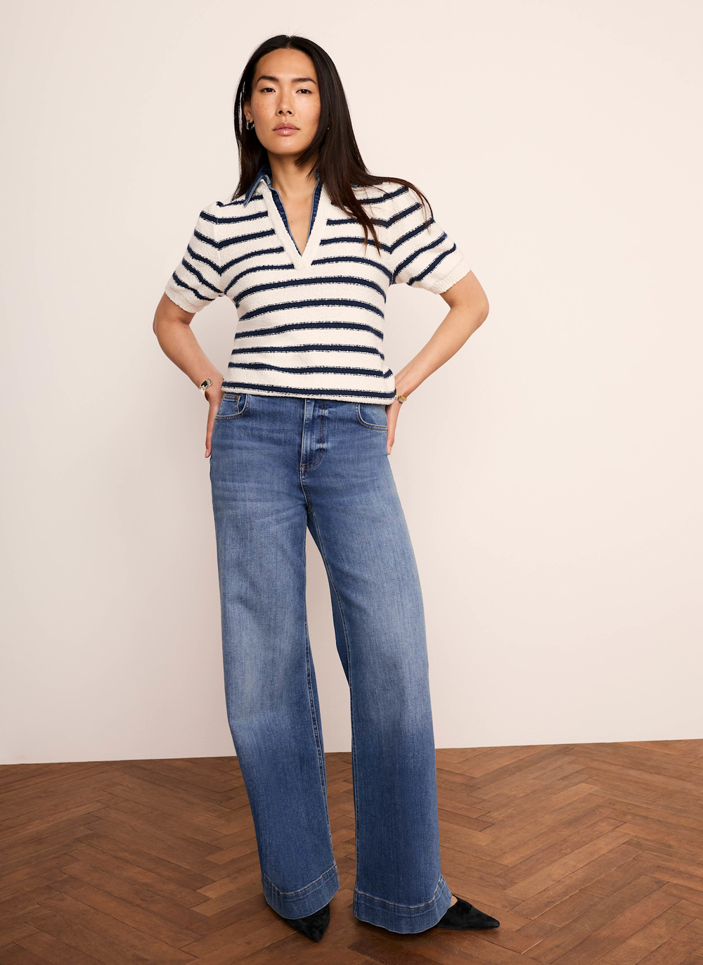 Cream Striped Knit Denim Detail Top