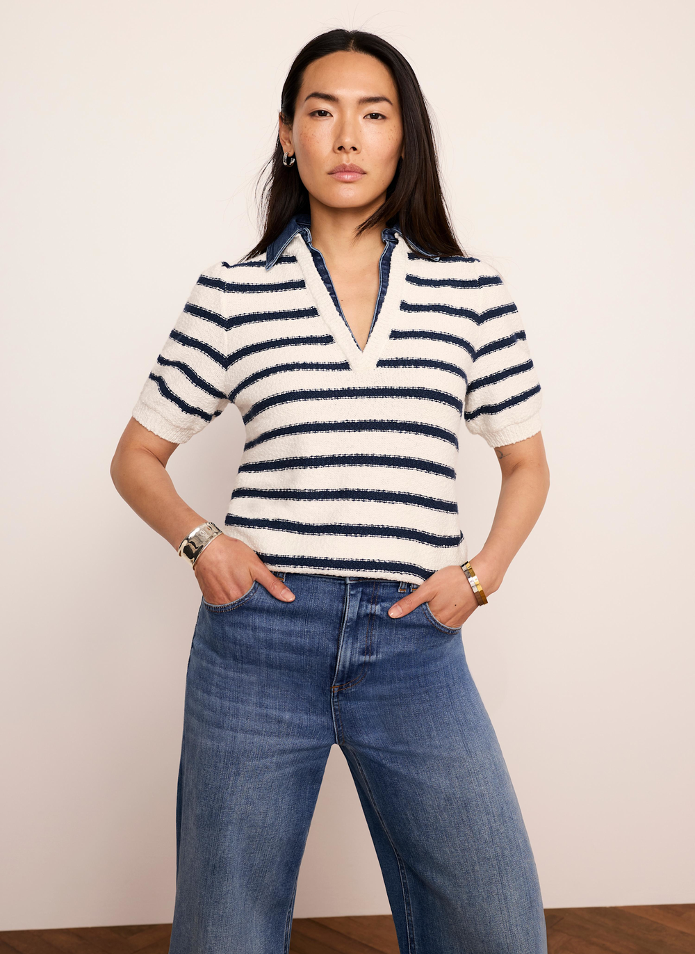 Cream Striped Knit Denim Detail Top