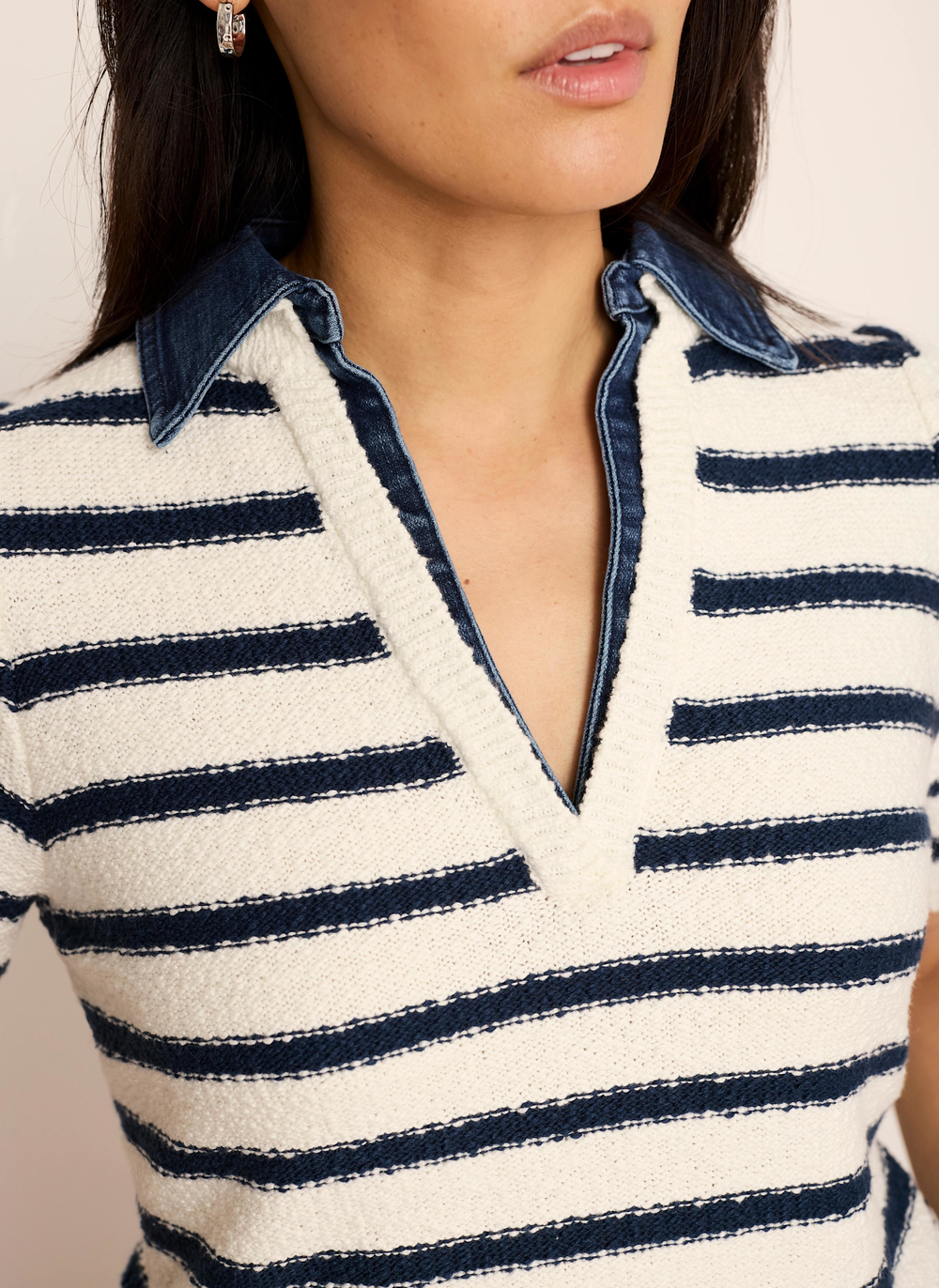 Cream Striped Knit Denim Detail Top