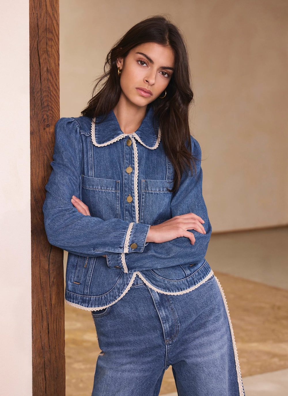 Mid Indigo Crochet Trim Denim Jacket