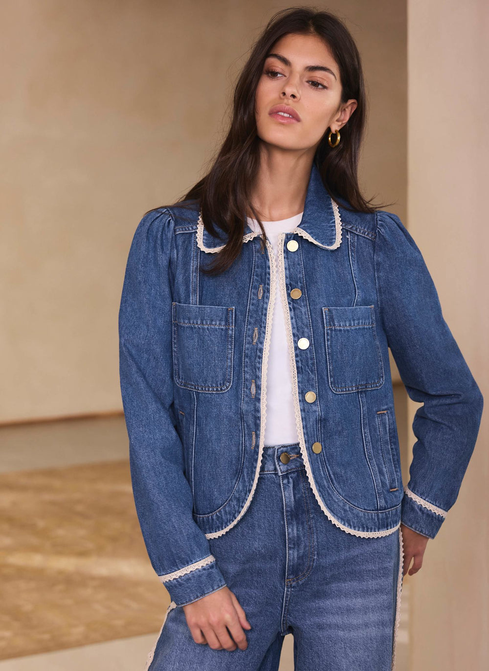 Mid Indigo Crochet Trim Denim Jacket