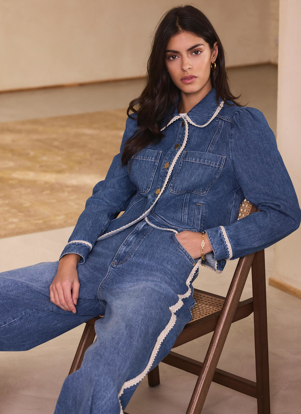 Mid Indigo Crochet Trim Denim Jacket