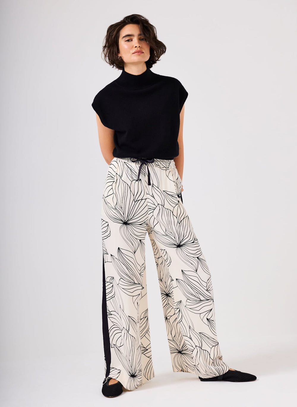 Cream Floral Print Wide Satin Trousers