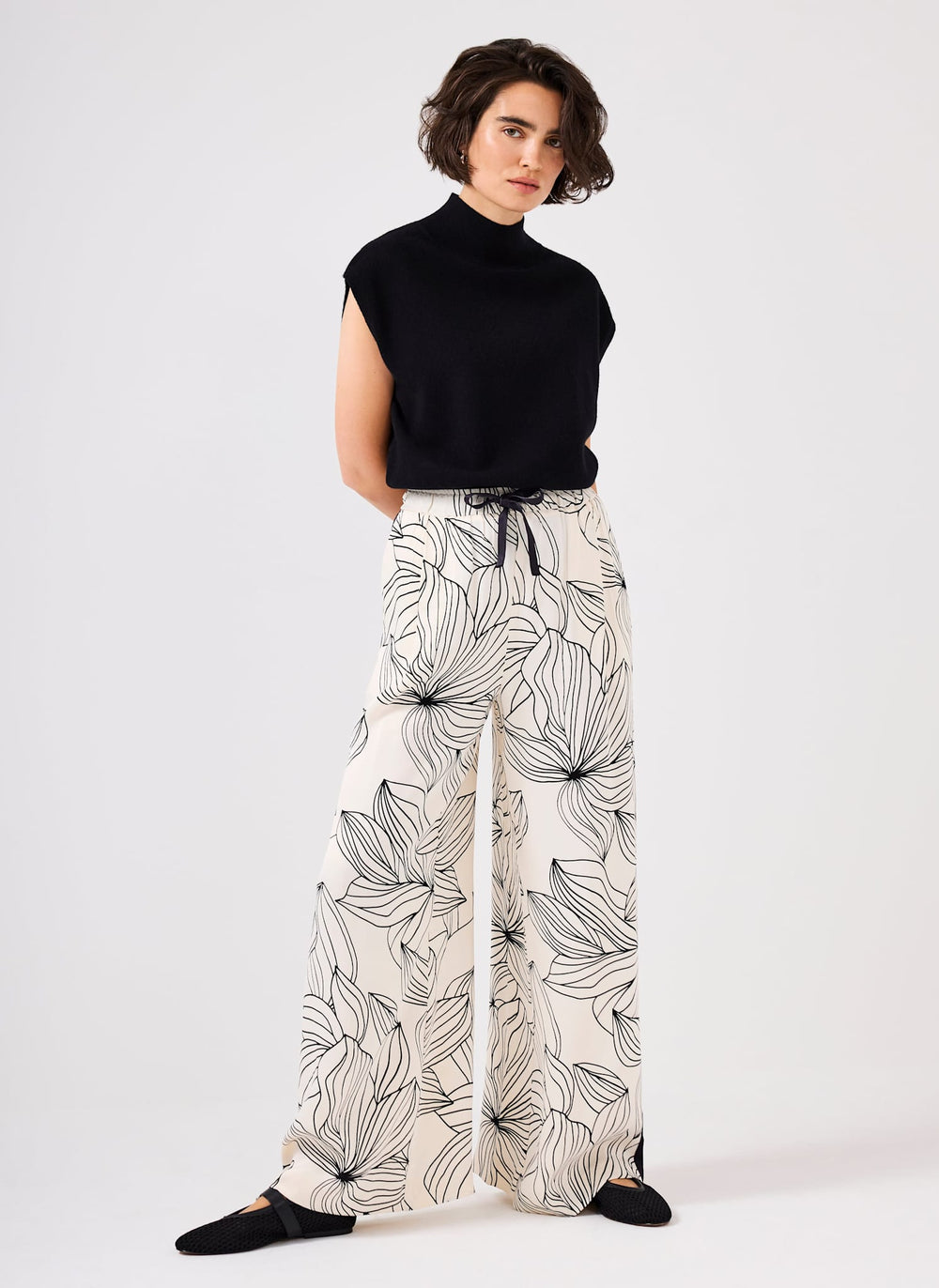 Cream Floral Print Wide Satin Trousers