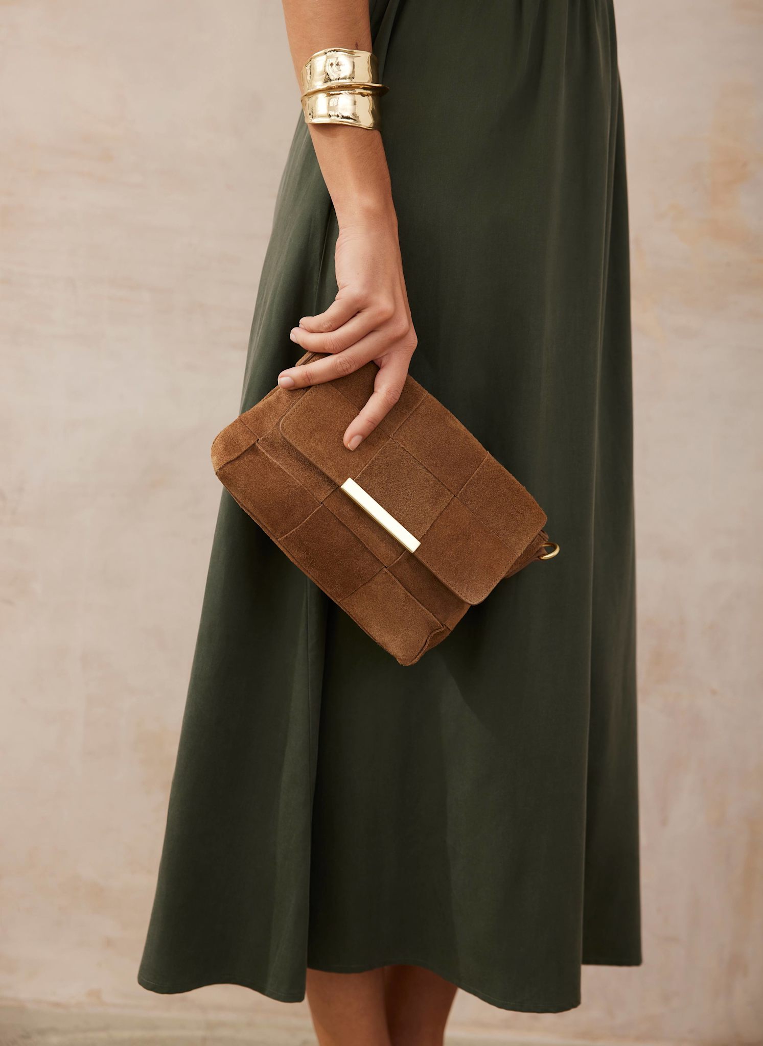 Lara Tan Suede Woven Crossbody Bag – Mint Velvet